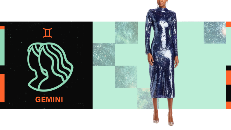 On the left is the symbol for Gemini, and on the right is a model wearing a sequined blue midi dress.