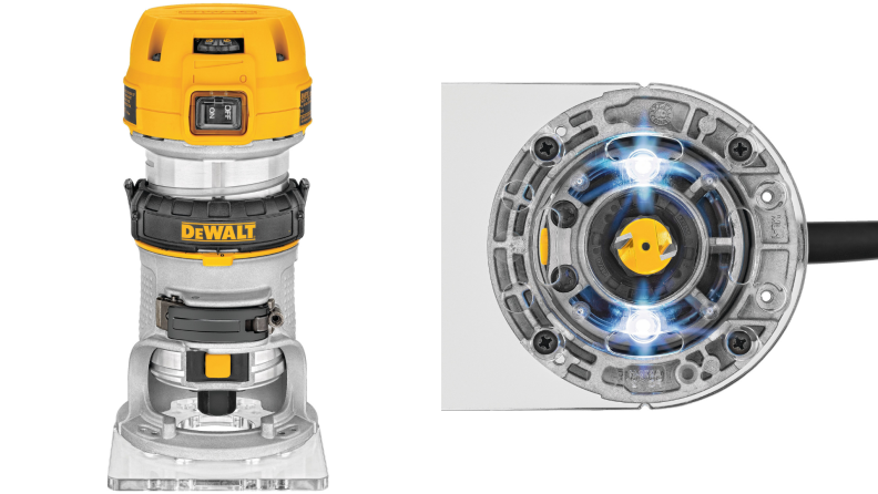 A Dewalt DWP611 Compact Router against a white background.