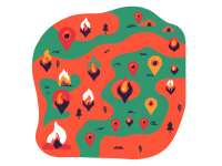 An image of a general map with wildfire icons on it
