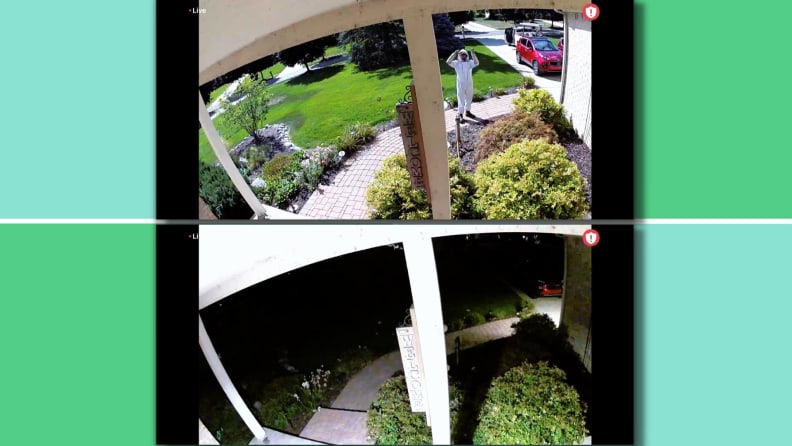 Two live camera feed screens looking at the front door and driveway, one showing off the day and the other at night.