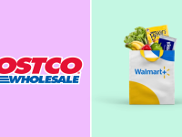A collage with a Walmart+ bag of groceries and the Costco logo