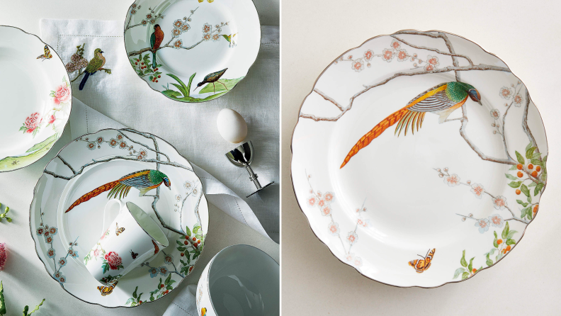 Two images of dinnerware with bird motifs.