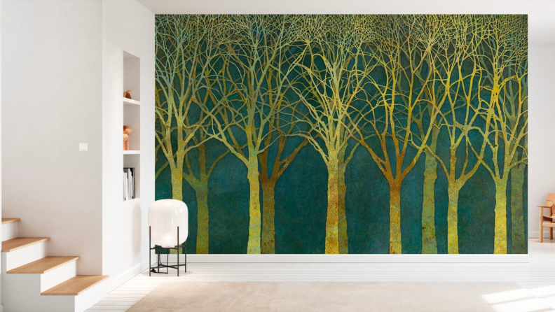 Tree wallpaper in a minimalistic room.