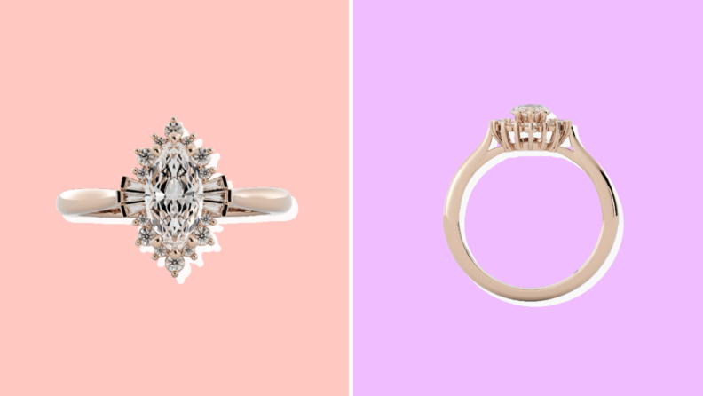 An engagement ring from Olive Ave shown from two different angles.