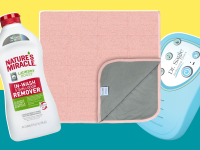 Product shots of a bottle of Nature's Miracle stain remover, a pink Pea Pod bedwetting mat, and the Therapee bedwetting alarm.