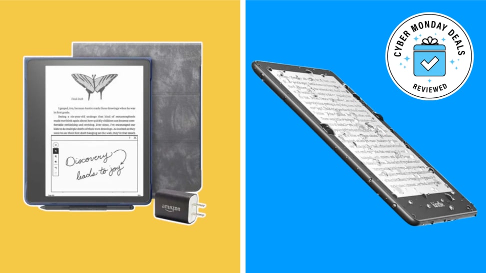 An e-reader sits on a yellow background, next to one on a blue background