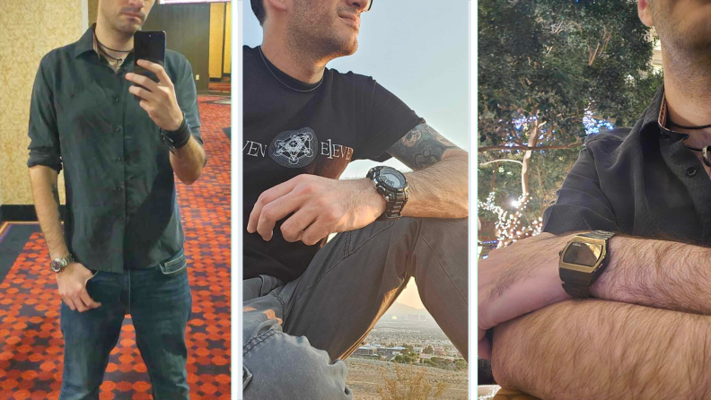 Three pictures of the author posing and modeling while wearing Armitron watches.