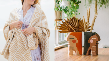 Left: women wrapped up in tan pattered ChappyWrap blanket, right: book ends designed as two women by Justina Blakeney Home