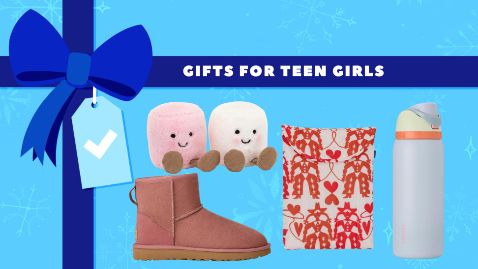 A Jellycat duo, Uggs, Owala water bottle, and Baggu on a blue gift background