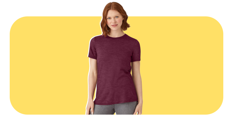 Model wearing Bombas-brand burgundy short-sleeved shirt