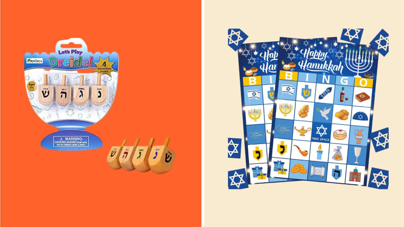 On the left: A package of wooden dreidels on an orange background. On the right: Hanukkah bingo cards.