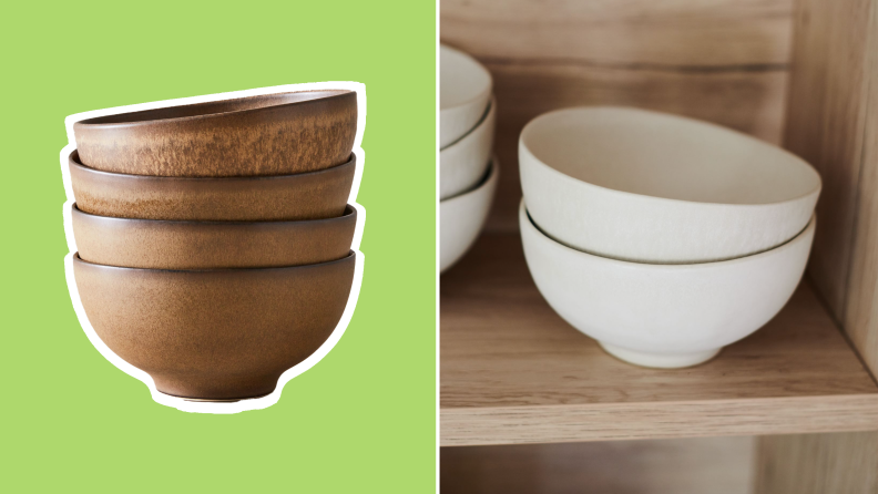 On left, wooden ramen bowls from West Elm. On right, white bowls on shelf in cabinet.