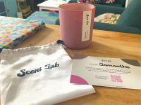 A pink Scent Lab candle displayed on a wood table with a Scent Lab bag and product information card