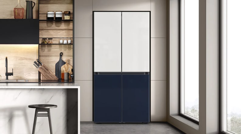A designer kitchen featuring the Samsung Bespoke refrigerator