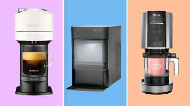 Nespresso machine, GE ice maker, and Ninja Creami on colorful background.
