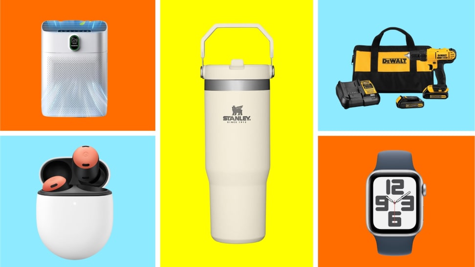 A collection of discounted items available at Amazon displayed in front of colored backgrounds.