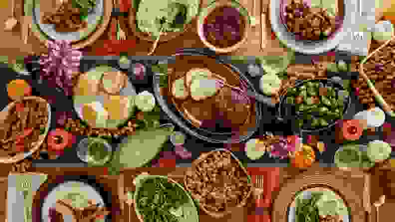 Spread of turkey and Thanksgiving sides, shot from above