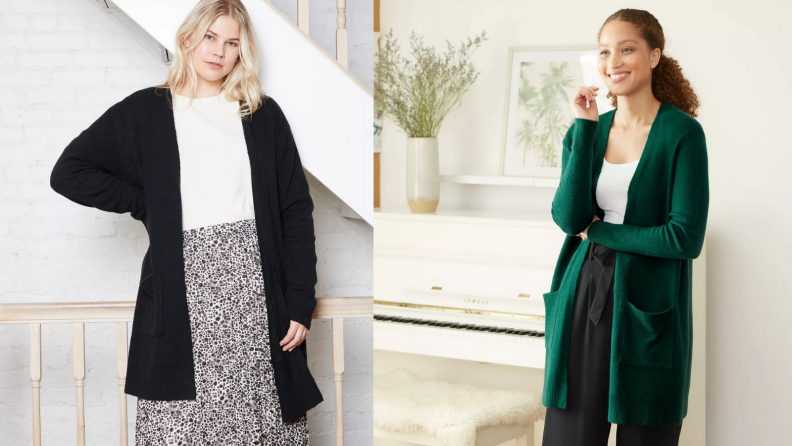 Two images of women wearing long cardigans. The first woman stands with hands on hips in a long black cardigan, the second leans against a wall in the same cardigan in forest green.