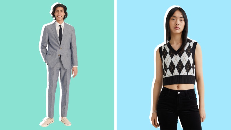On left, model wearing blue linen blazer and pants. On right, model wearing black and white cropped sweater vest.
