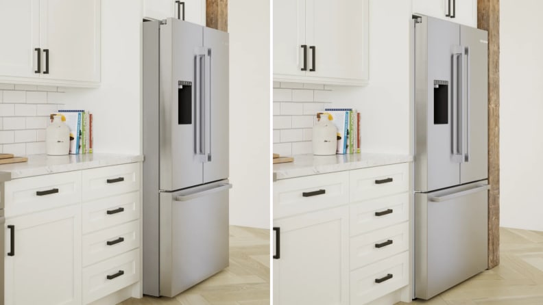 Left: a standard-depth Bosch fridge protrudes from cabinetry in a kitchen. Right: a Bosch fridge is even with the cabinetry.