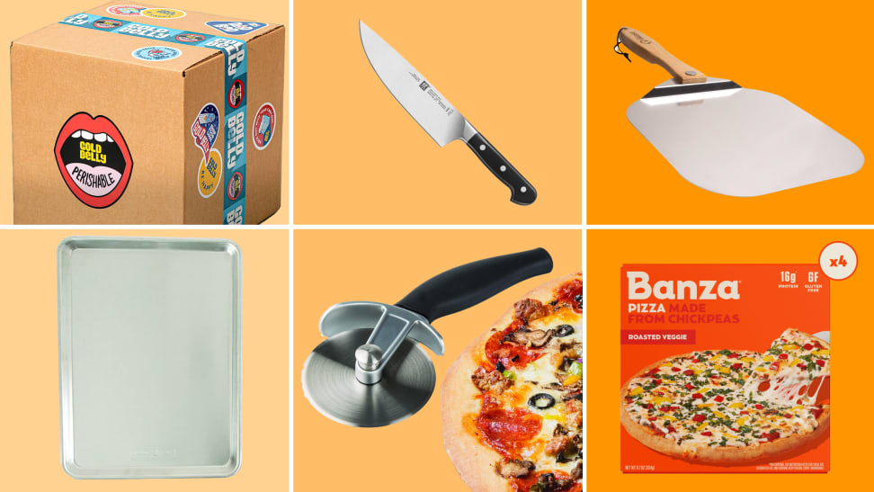 Orange photo collage showcasing cardboard box from Goldbelly with assorted stickers on side and top, a stainless steel chef's knife with black handle, a square, handheld pizza peel cooking utensil with wooden handle, a rectangular aluminum half baking sheet, a stainless steel pizza cutter with black handle next to half of a pizza with assorted toppings and an orange box of Banza Supreme Frozen pizza with picture of pizza on front.