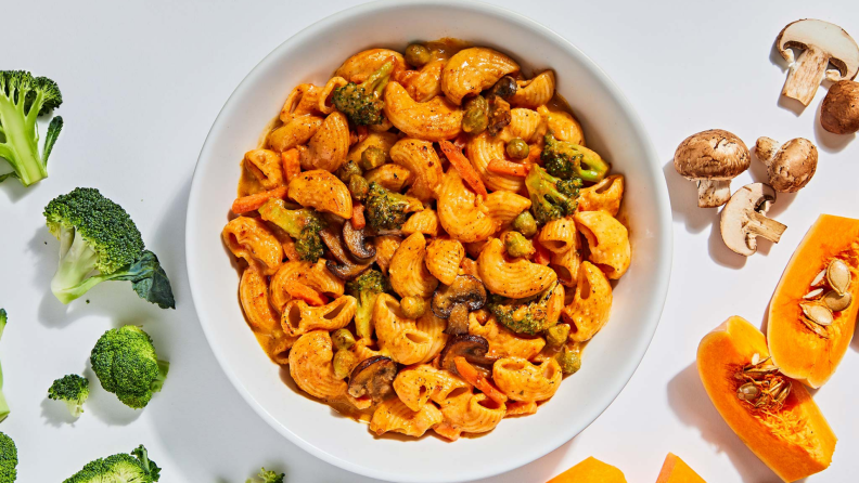 A bowl of Freshly Purely Plant lentil pasta