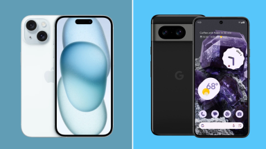 A collage with an Apple iPhone and a Google Pixel 8 smartphone.