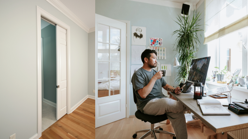 On left, white pocket sliding door in home setting. On right, man sitting in home office at desk while looking out of window.