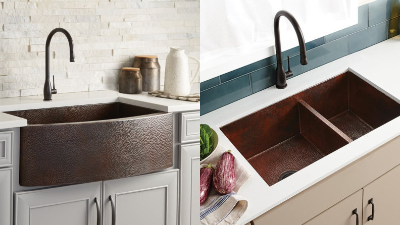 On left, antique copper farmhouse sink in kitchen. On right, antique copper double bowl sink.