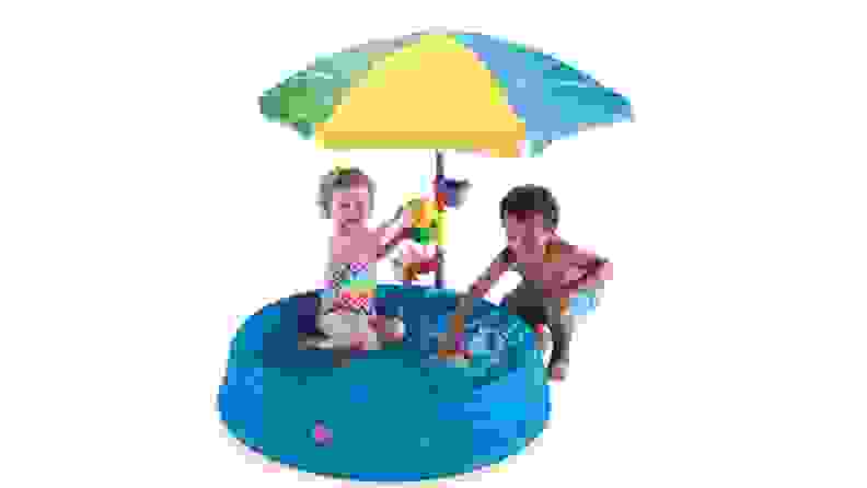 Two children splash in a small pool with an umbrella