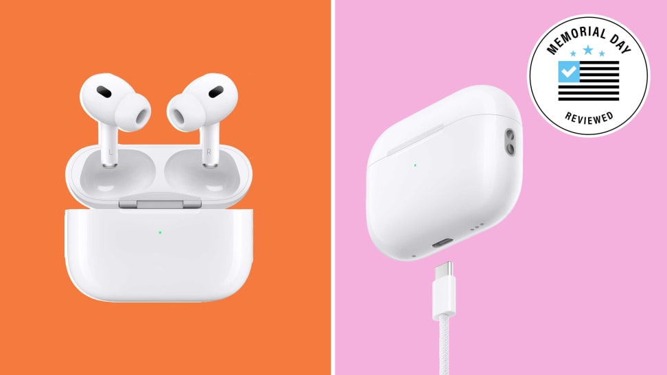 Various shots of the Apple AirPods Pro with the Memorial Day Reviewed badge in front of colored backgrounds.