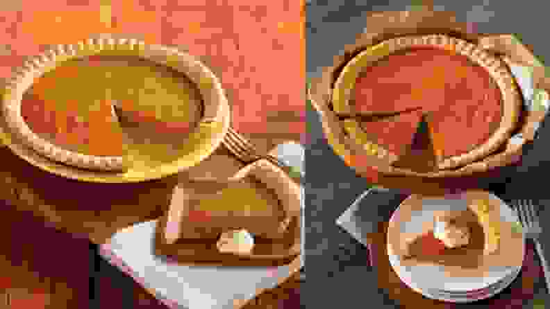 Two side-by-side photos of pumpkin pie with a slice missing, which sits on a plate beside the pie.