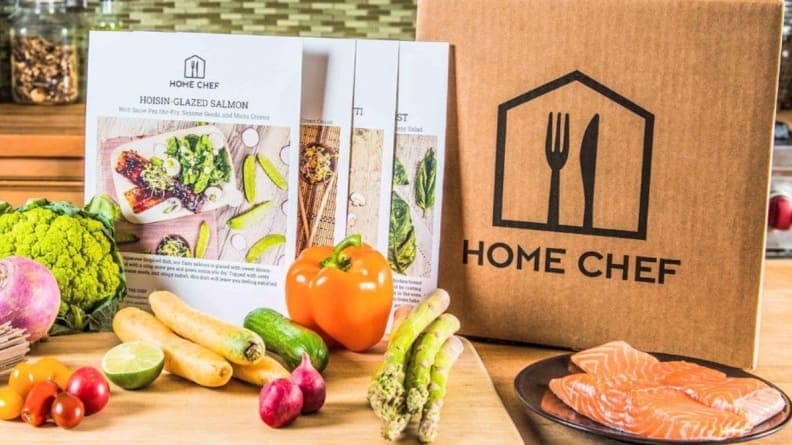 A Home Chef meal kit on a kitchen counter.