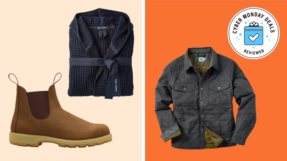 An image of a pair of camel Blundstone chelsea boots, a blue robe, and a quilted, waxed shirt jacket, all from Huckberry.