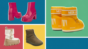 A collage of pink, yellow, tan, and brown boots