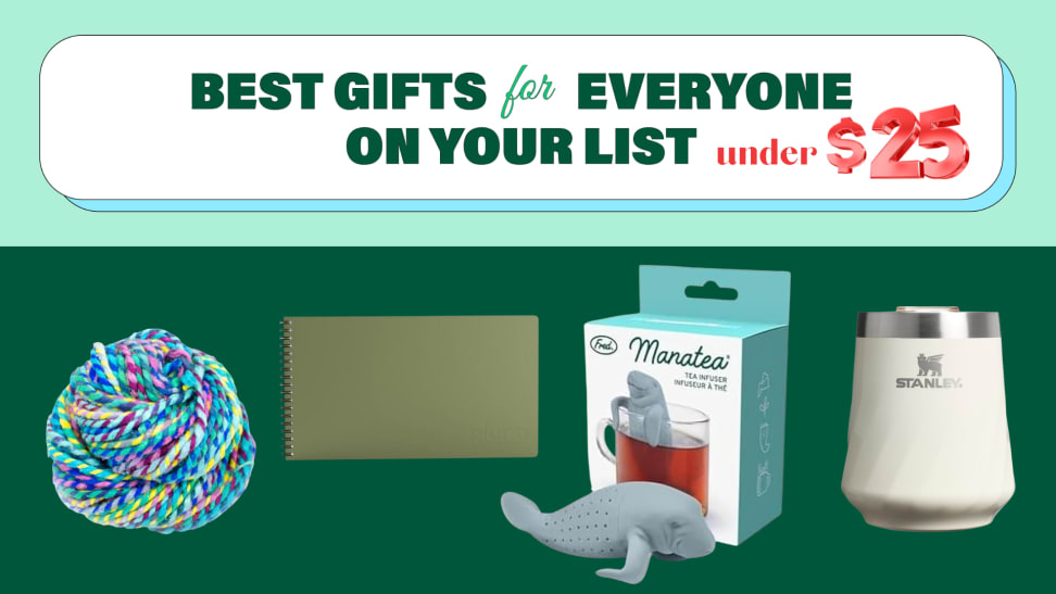 Four products on a dark green background including yarn, a notebook, and a wine travel cup