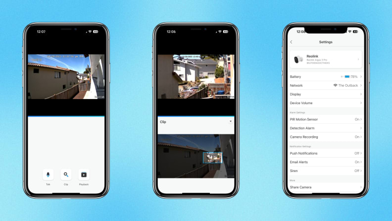 Three screenshots of the Reolink smartphone app.