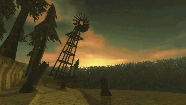 A lonely wind mill stands on a hill, bathed by the light of the sunset.