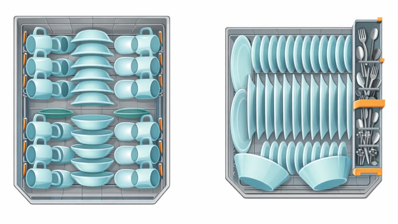 An upper and lower rack of a dishwasher holding 12 place settings
