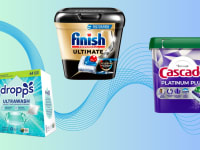 Dishwasher pods from Dropps, Cascade, and Finish on a green and blue ombre background