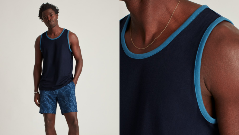 man wearing blue ringer tank top from Bonobos