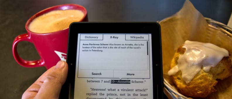 A photo of the Amazon Kindle Voyage being held.