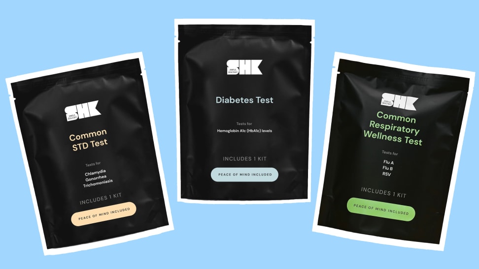 Product shots of the Simple HealthKit's Common STD kit, Diabetes Test and Common Respiratory Wellness Test.