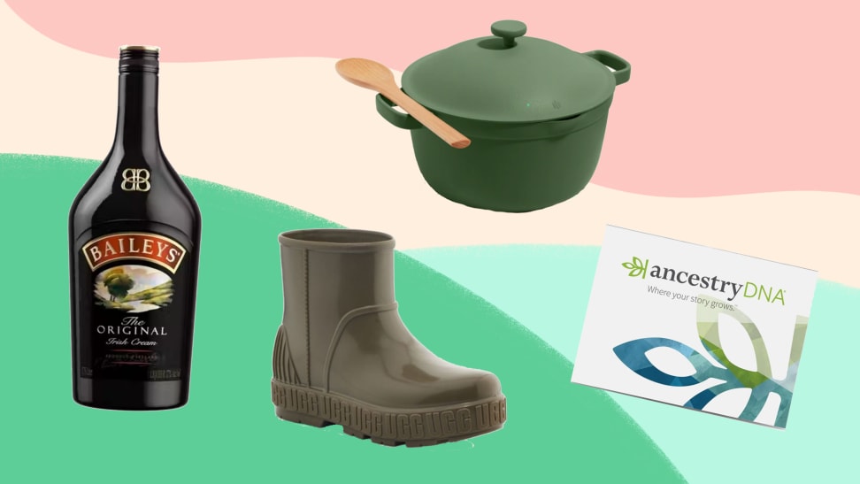 An image of a bottle of Baileys, a pair of green Ugg boots, a green Perfect Pot, and an AncestryDNA test on a pink, green and tan background.