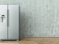 A free-standing refrigerator posed against a blank wall.
