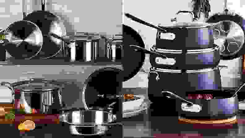 Black and silver pots and pans stacked in kitchen.