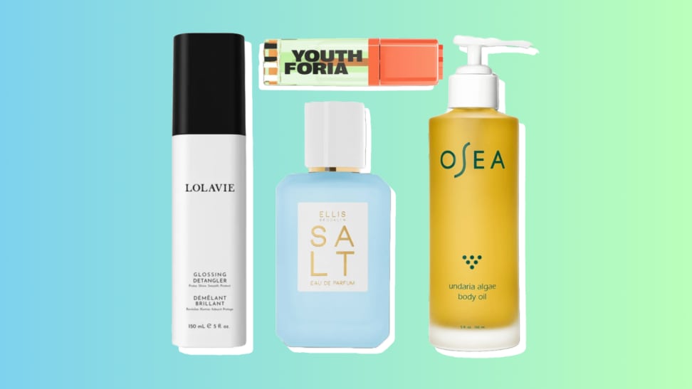 Collage of a hair detangler, perfume, blush, and body oil against a blue and green background.