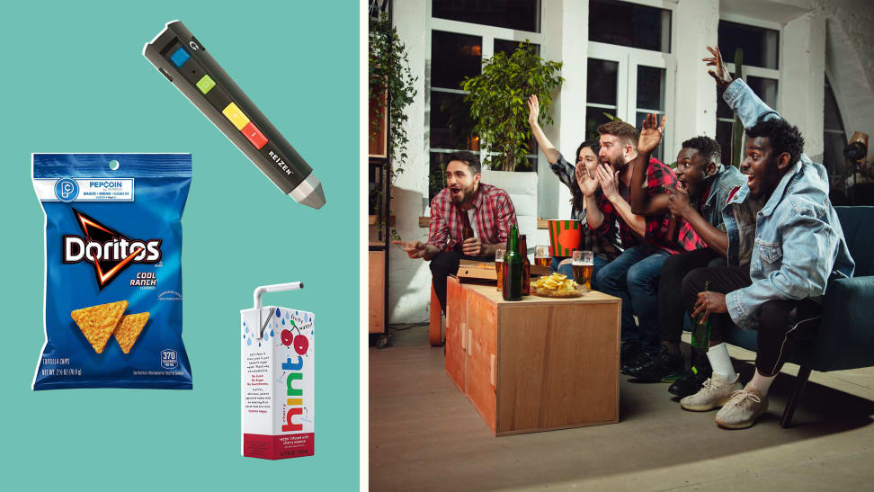On left, bag of Doritos, a box of Hint Kids flavored water, and the Reizen Talking Label Wand. On right, friends gathered outdoors cheering and smiling while watching a sports game.
