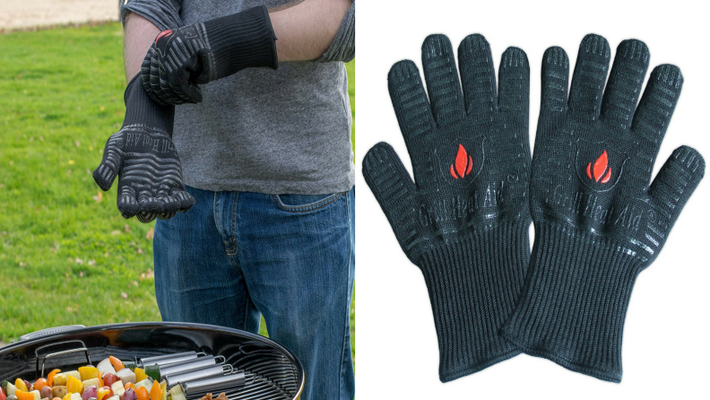 On left, a person putting on heat aid gloves next to a charcoal grill. On right, an image of the gloves on a white background.
