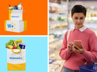 A Walmart+ bag, a collection of Walmart+ packages, and a woman shopping in a store.